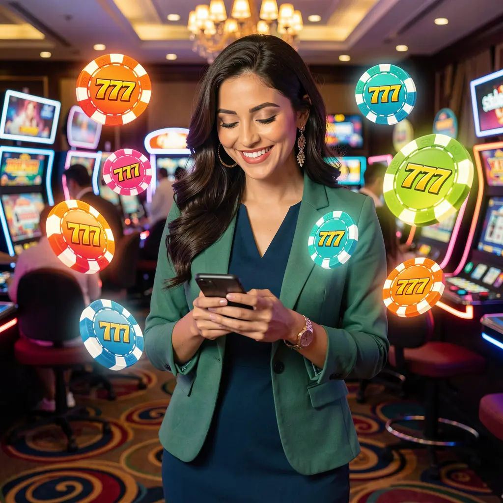 A stylish Pakistani woman enjoying the CH77 casino app as golden poker chips and 777 slot symbols float around her in a vibrant mobile gaming scene