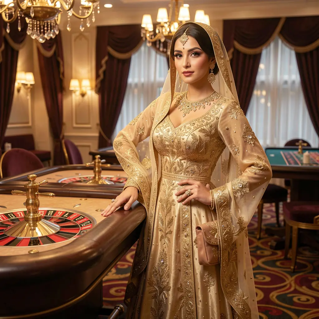 Elegant woman in a golden dress standing beside a roulette table in a luxurious casino atmosphere at CH77, capturing the premium live casino experience for players in Pakistan