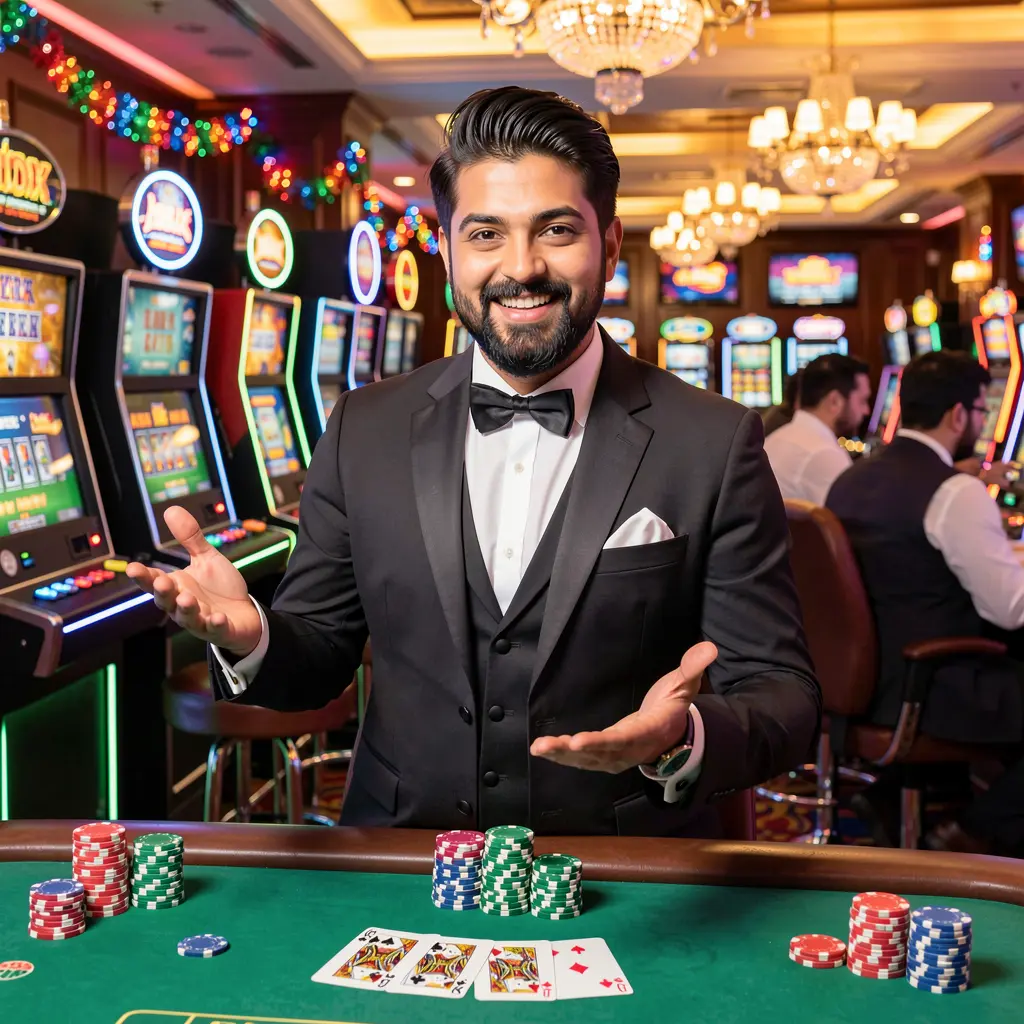Charming casino host welcoming players to the CH77 login experience with a festive casino atmosphere and glowing chips in Pakistan